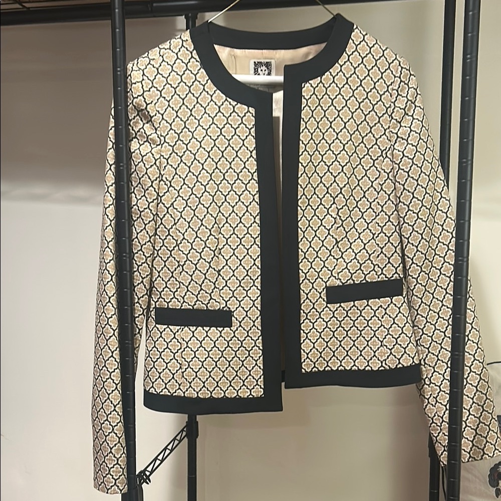 Chic Cream and Black Textured Blazer with Black Trim
